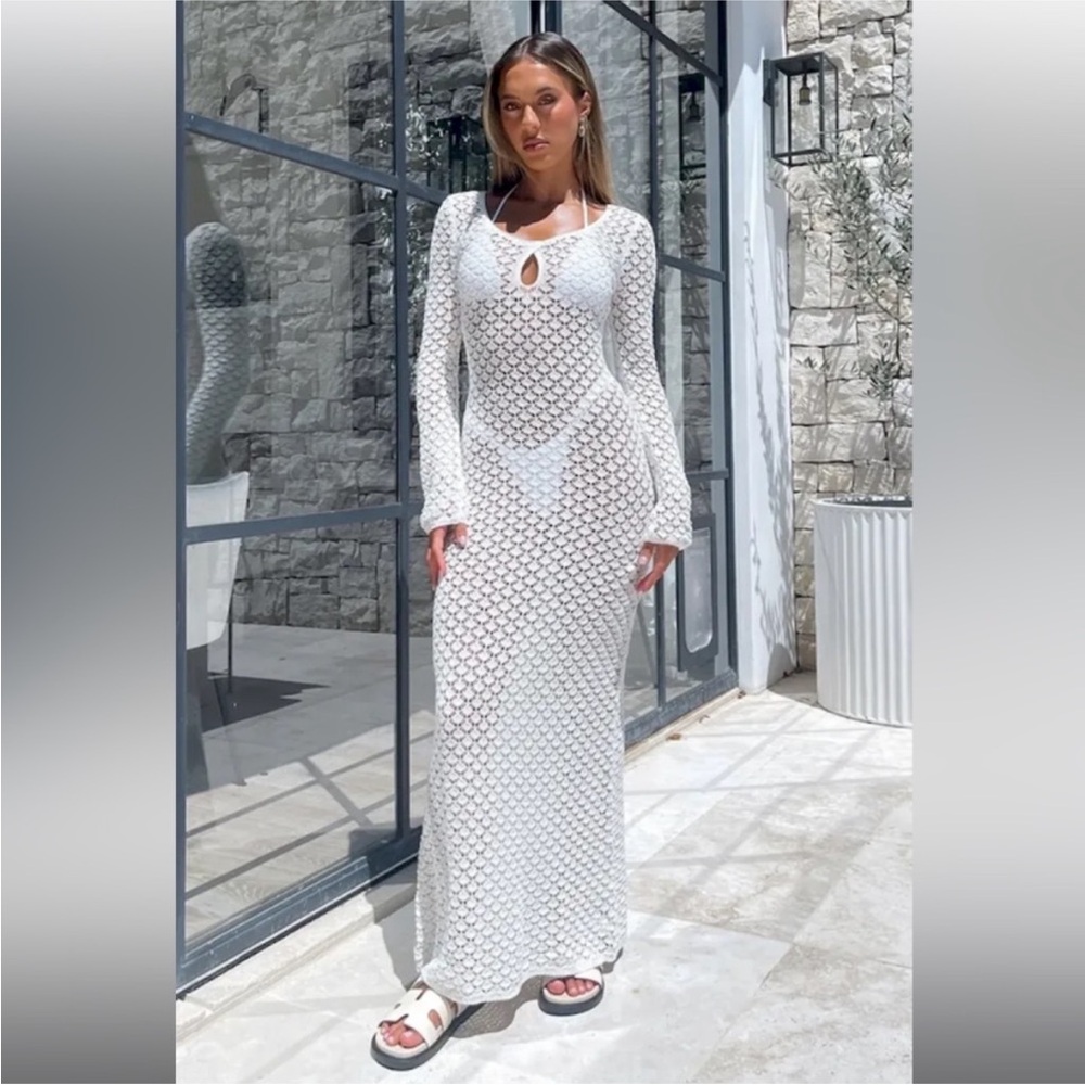 White fox, white crochet maxi dress. Worn once, perfect condition. Small
